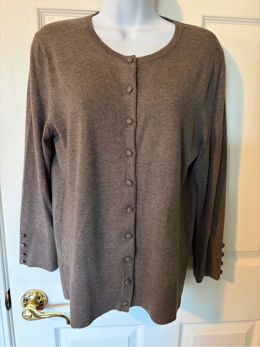 Grace Elements Brown Button-Front Crewneck Cardigan